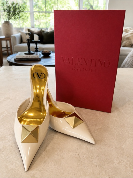 Valentino Shoes - Valentino Garavani Roman Stud Patent Leather Mules | Ivory | Gold Stud | size 41